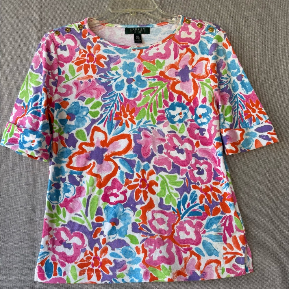 Lauren Ralph Lauren bold vibrant Multicolor Floral Short Sleeve Top PM